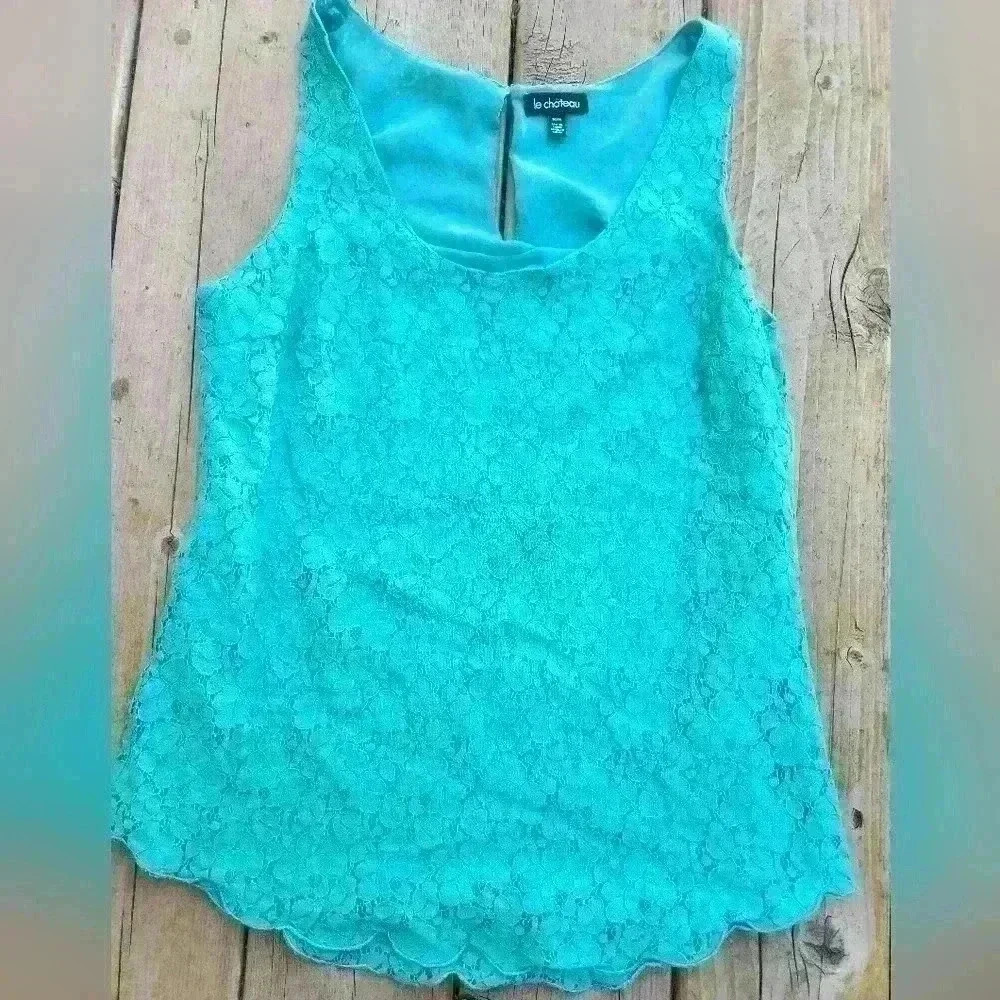 LA CHATEAU TEAL LACE TANK TOP